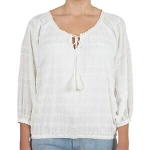 Skye's the Limit White Crinkled Stretch Lace Peasant Tassel Blouse Top Size 1X